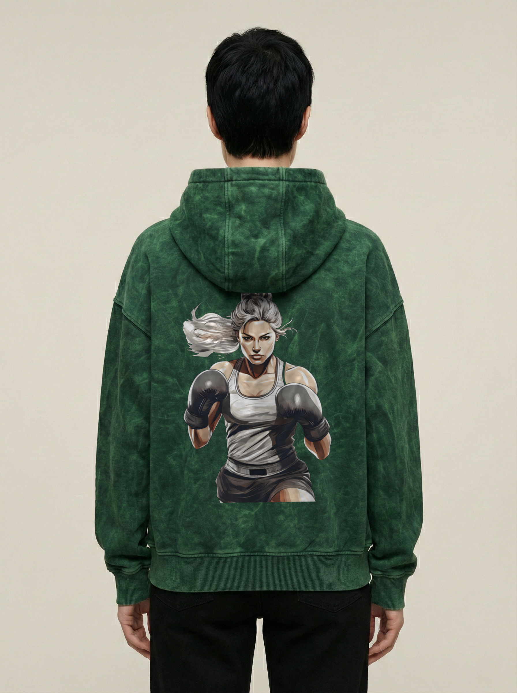 Boxer Queen Acid Wash Hoodie Bottle Green